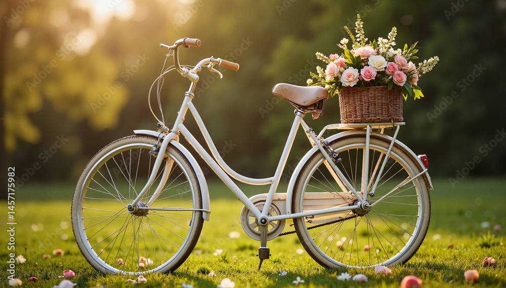 Fototapeta premium Elegant wedding flowers on vintage bicycle in idyllic garden, romance