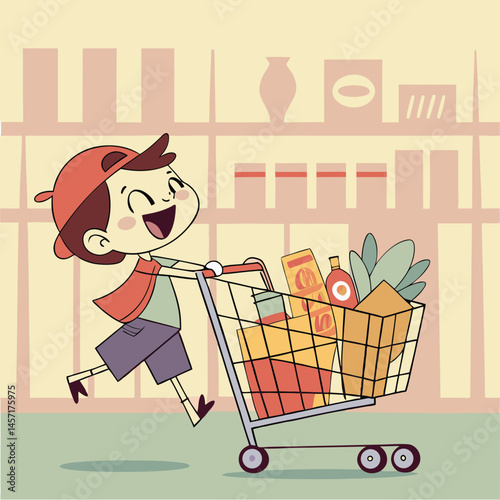 Cartoon Boy Pushing Shopping Cart Full of Groceries in Supermarket