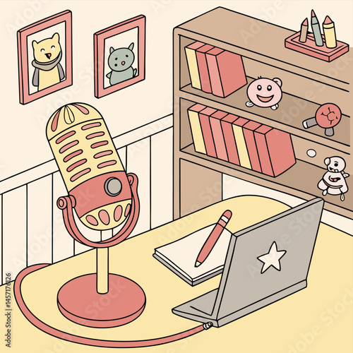 Podcast Studio Illustration: Microphone, Laptop, Desk, Cozy Room Art