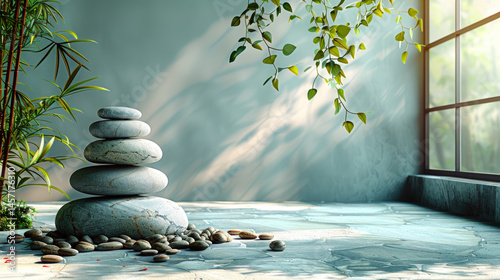Zen-inspired interior with stacked stones, natural light, and green plants, symbolizing peace, balance, mindfulness, and minimalist wellness design.
