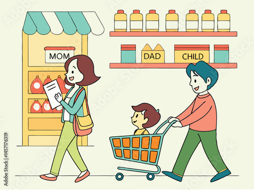 Family Shopping: Cartoon Illustration of Parents with Child in Cart