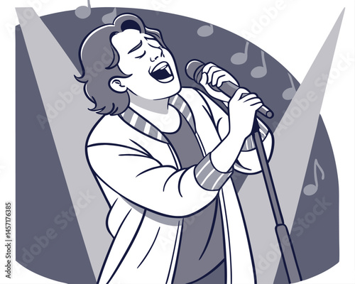 Singer Performing on Stage with Microphone Cartoon Illustration