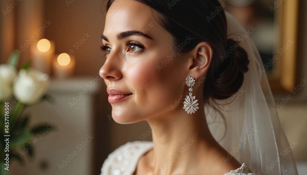 Naklejka premium Poised bride wearing diamond earrings in vintage setting, wedding elegance
