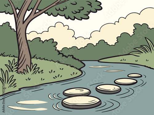 Stepping Stones River Cartoon Landscape Illustration Nature Scene