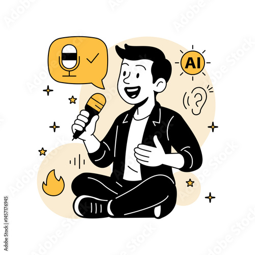 man testing AI voice recognition using a microphone. Includes speech bubble, AI and audio icons in a clean flat cartoon style with bold outlines.