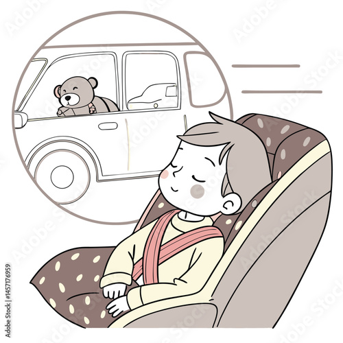 Child Sleeping in Car Seat with Teddy Bear Dream Cartoon Illustration