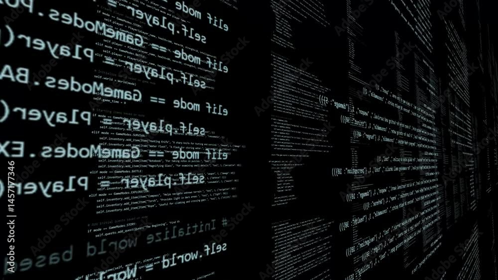 immersive 3D wall of source code animation with scrolling language in dark virtual space, creating a tech-savvy, futuristic atmosphere background