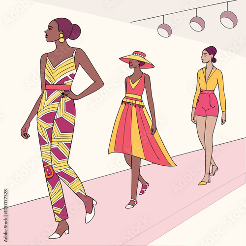 Fashion Show: Models on Runway in Colorful Summer Outfits Style