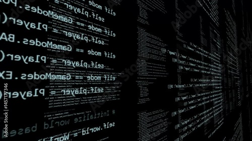 immersive 3D wall of source code animation with scrolling language in dark virtual space, creating a tech-savvy, futuristic atmosphere background