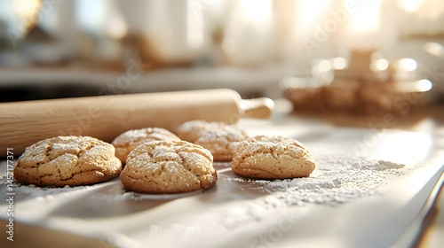 Freshly Baked Cookies on a Wooden Table with a Rolling Pin and Sunlight in a Cozy Kitchen