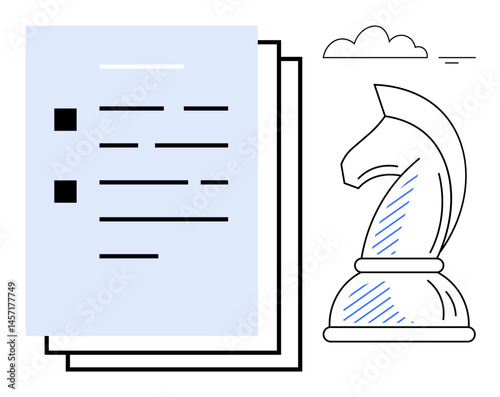 Documents with bullet points next to a chess knight piece. Ideal for strategy, planning, goals, tactics, decision-making, business, leadership. Flat simple metaphor