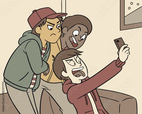 Cartoon Selfie: Three Friends Posing for a Mobile Phone Photo