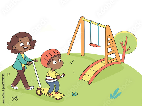 Cartoon: Child on Scooter, Woman Walking in Park, Playground Scene