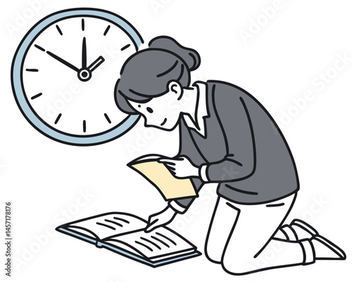 Woman Studying Book on Floor with Clock, Education Illustration