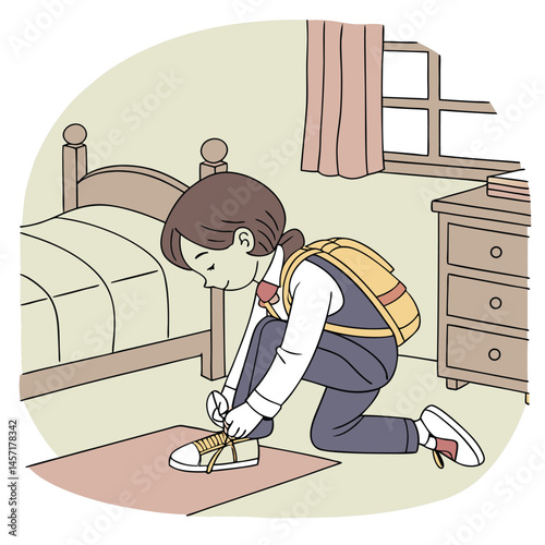 Cartoon Girl Tying Shoes, Getting Ready for School, Illustration
