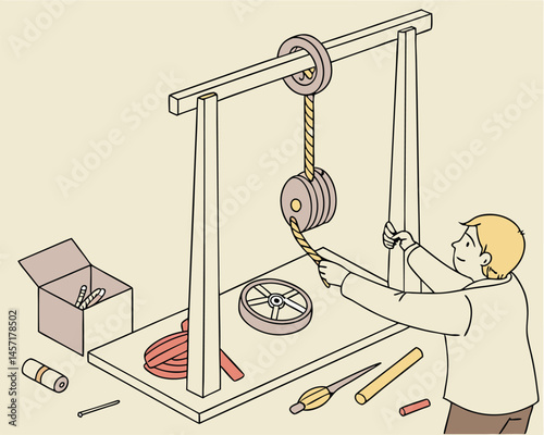 Illustration of a Man Working with Pulley System and Tools
