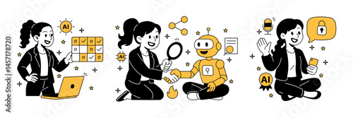 interacting with a robot assistant, training an AI dataset, and using a smart voice-enabled assistant in cartoon style Vector illustration