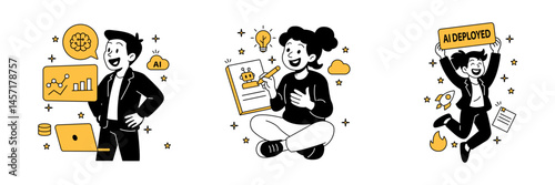 data visualization by a man, a woman brainstorming AI ideas, and another woman celebrating successful AI deployment in a flat cartoon style Vector illustration