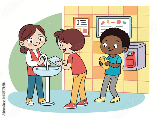 Children Washing Hands in School Bathroom Cartoon Illustration