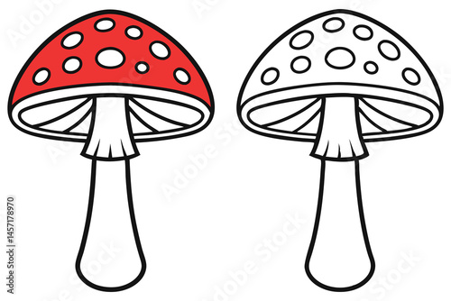 Two outlined cartoon mushrooms display one colored version and the other remains unfilled