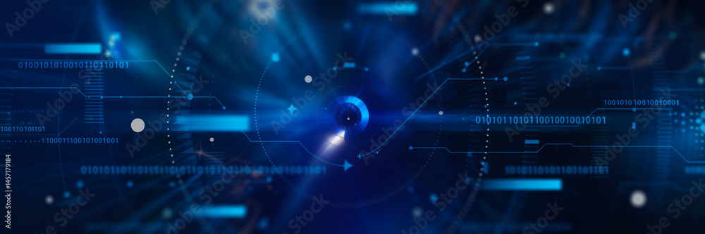 Obraz premium Deep Blue Cosmic Digital Space with Technological Particle Effects