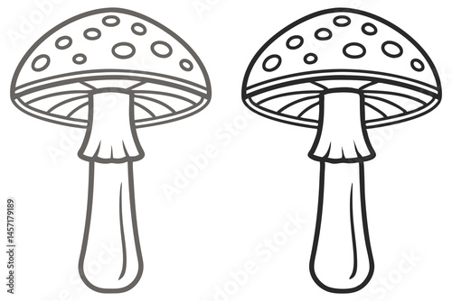 Two monochrome cartoon mushrooms with spotted caps stand side by side on white background