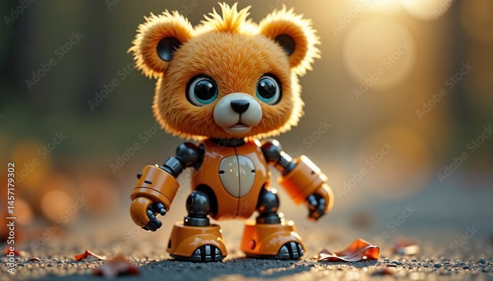 Cute robotic teddy bear standing in a forest during autumn