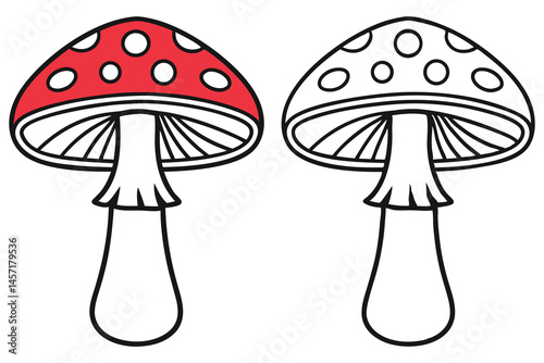 Two cartoon mushrooms are presented, one colored red and one in outline