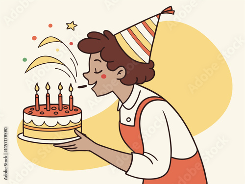Birthday Cake Celebration: Woman Blowing Out Candles Illustration
