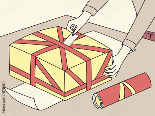 Wrapping Gift Box with Red Ribbon, Illustration, Present Packaging