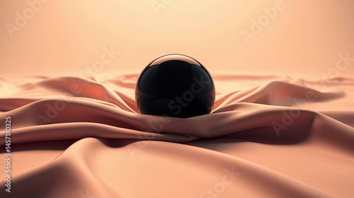 Mysterious Sphere on Silk: A dark, reflective sphere rests delicately upon a bed of flowing, textured silk, creating a visually captivating and enigmatic composition.