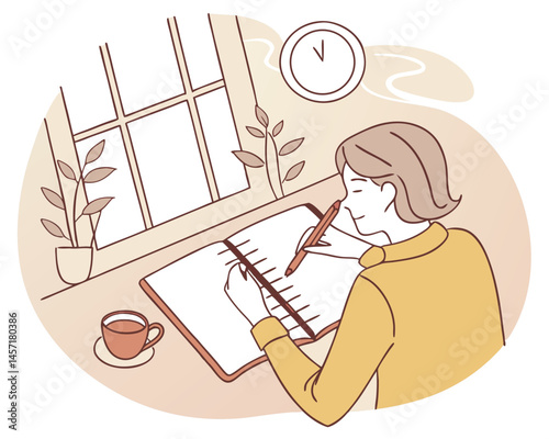 Woman Writing in Journal by Window Illustration, Cozy Home Office