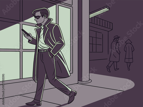 Stylish Man in Trench Coat Using Phone at Night, Cartoon Illustration