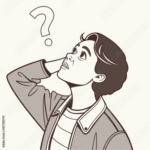Confused Man with Question Mark, Retro Style Illustration, Thinking