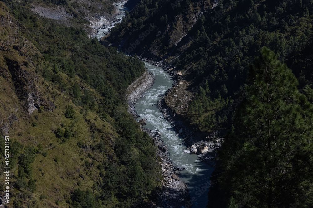 Obraz premium Landscape of Himalaya, Panoramic view of Himalayan mountain covered with snow. Himalaya mountain landscape in winter at Kedarnath valley.