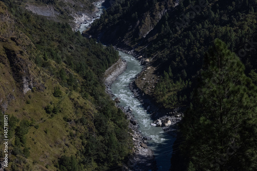Landscape of Himalaya, Panoramic view of Himalayan mountain covered with snow. Himalaya mountain landscape in winter at Kedarnath valley.