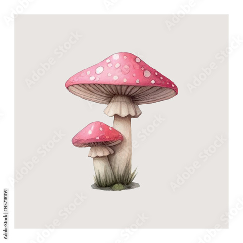 A whimsical watercolor vector pink toadstool with white dots. Perfect for fairytale themes, woodland sets, children’s illustrations, and magical forest art.