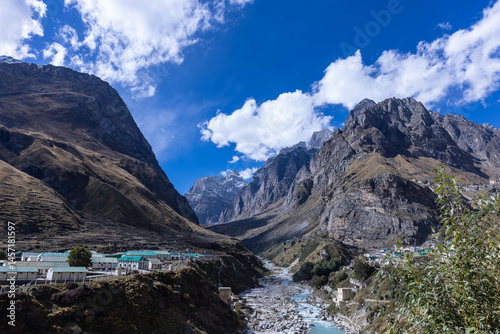 Landscape of Himalaya, Panoramic view of Himalayan mountain covered with snow. Himalaya mountain landscape in winter at Kedarnath valley.