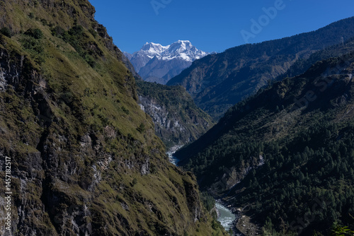 Landscape of Himalaya, Panoramic view of Himalayan mountain covered with snow. Himalaya mountain landscape in winter at Kedarnath valley.