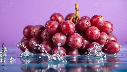 Cluster of red grapes with water splashes and lite purple background