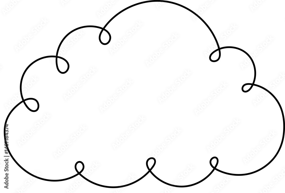 Stylized cloud graphic with swirly border. A cartoon cloud form with a whimsical outline on black. Air, weather, sky concept.