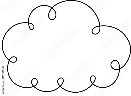 Illustration of a fluffy white cloud with a whimsical, cartoon-like outline of black looping lines against a solid black background. 