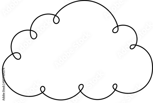 Stylized cloud graphic with swirly border. A cartoon cloud form with a whimsical outline on black. Air, weather, sky concept.