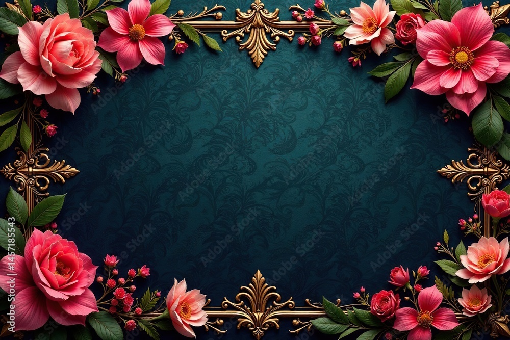 Fototapeta premium Intricate floral damask design with rich, dark background; luxurious feel , blue, texture