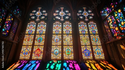 Magnificent stained glass windows illuminate an interior room with vibrant colors