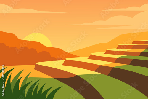 vector illustration of a rural landscape with sunset