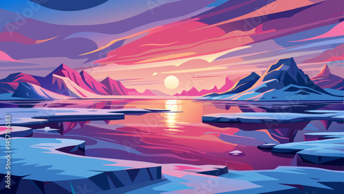 Pink Sunset Reflecting on Icy Lake Surface in Flat Tundra