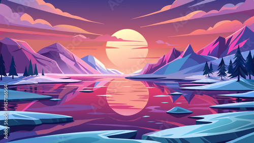 Pink Sunset Reflecting on Icy Lake Surface in Flat Tundra