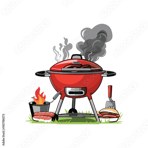 A red charcoal barbecue grill with thick black smoke rising, surrounded by grilled sausages, a metal spatula, a bucket with flames and a hamburger on green grass.
