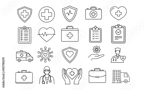 Healthcare Medical Line Icons Set Hospital, Doctor, Ambulance, First Aid, Insurance, Heartbeat, Virus, Clinic Symbols